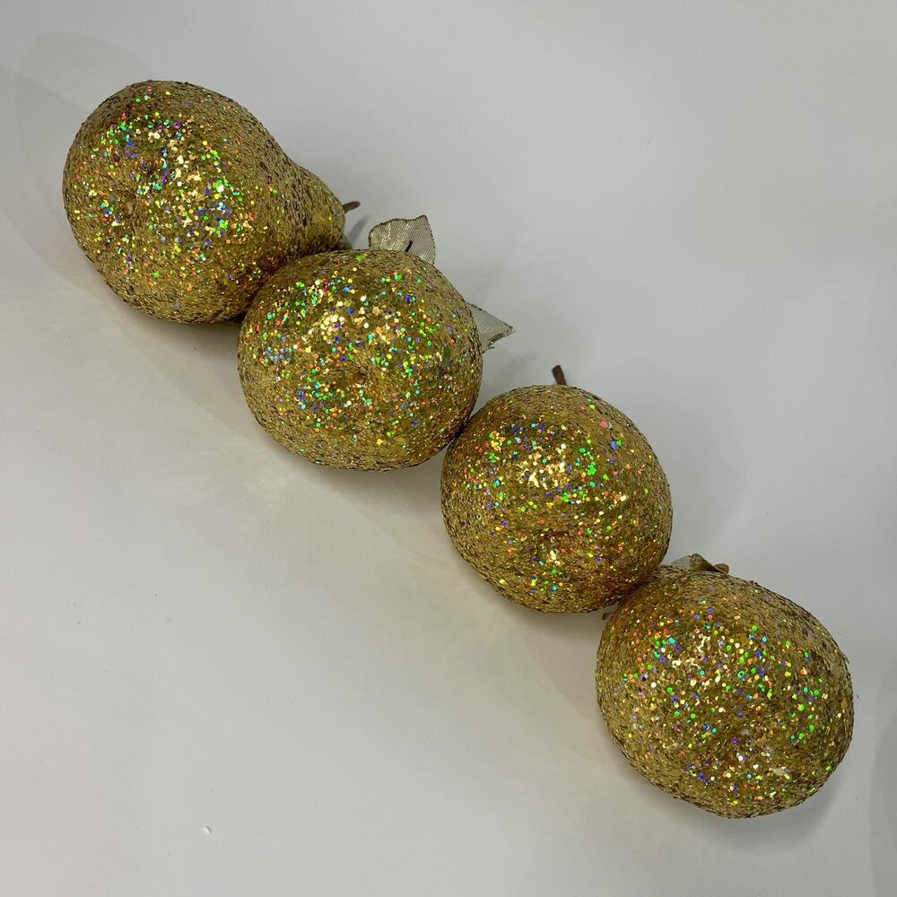 4 Sequin Gold Pear Faux Fruit Jewel Glitter Leaves Decorative Holiday Decor 5” - Picture 8 of 9
